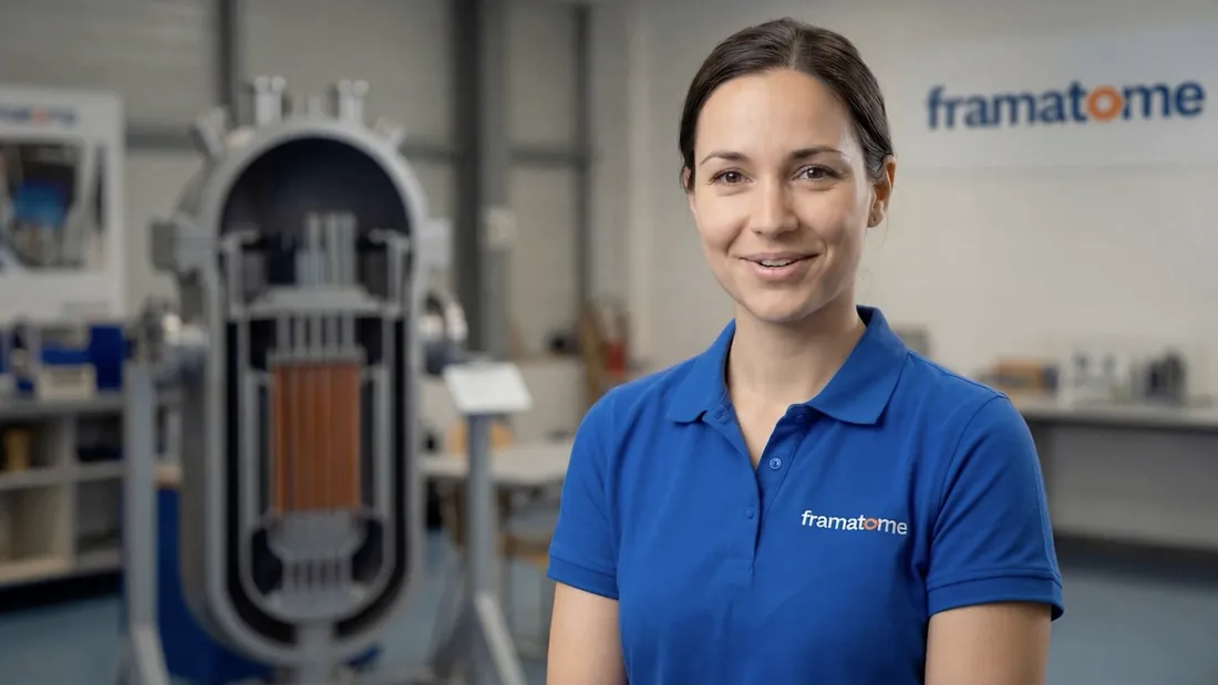 Formatrice générée présentant un module, devant une maquette de cuve de réacteur