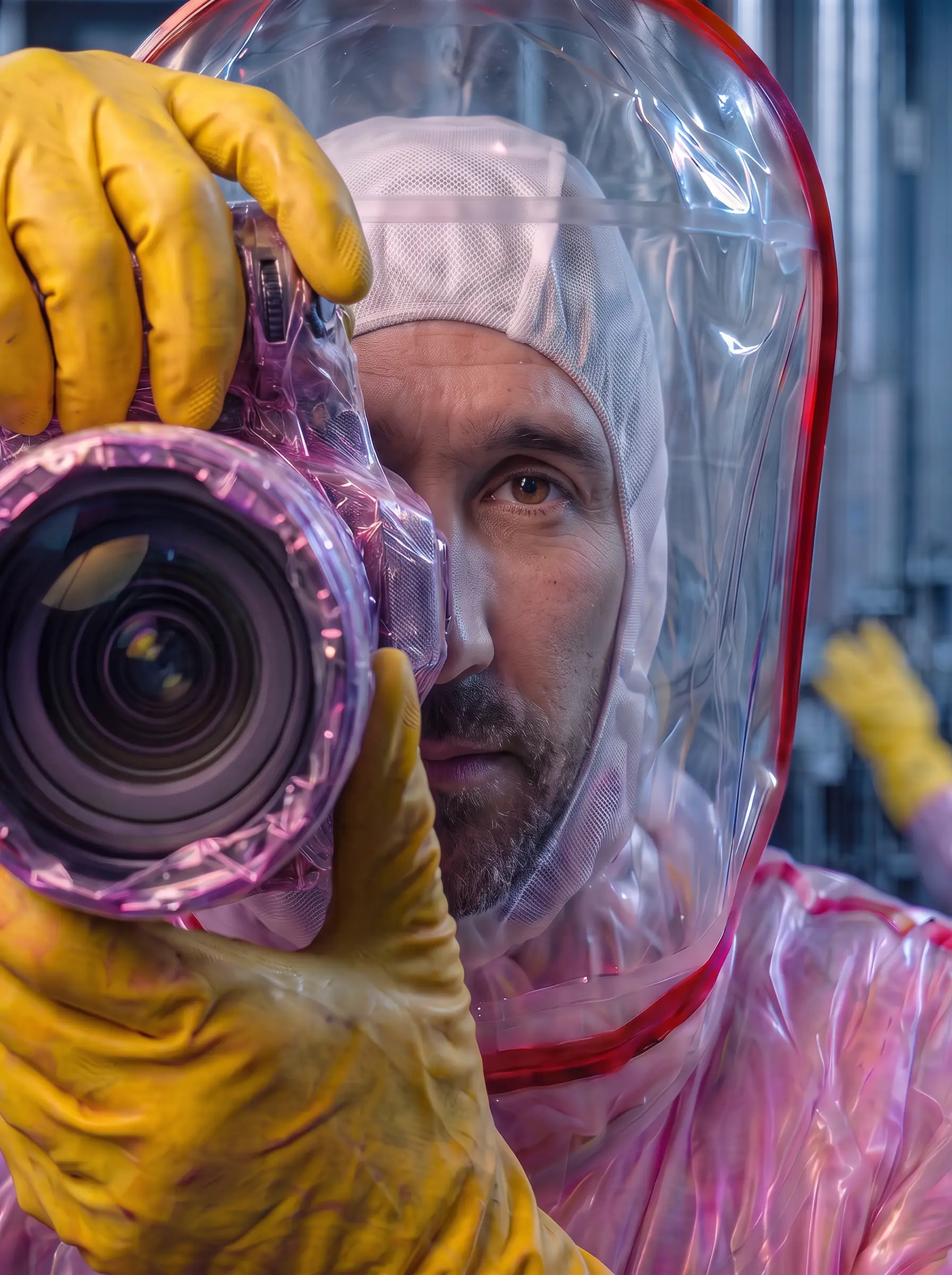 Portrait en tenue étanche ventilée, caméra à la main, en fond de piscine de bâtiment réacteur