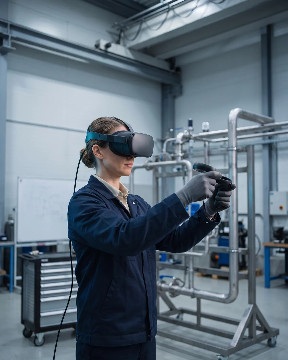 Technicienne équipée d’un casque de réalité virtuelle, manettes en main, devant une maquette de tuyauterie en atelier