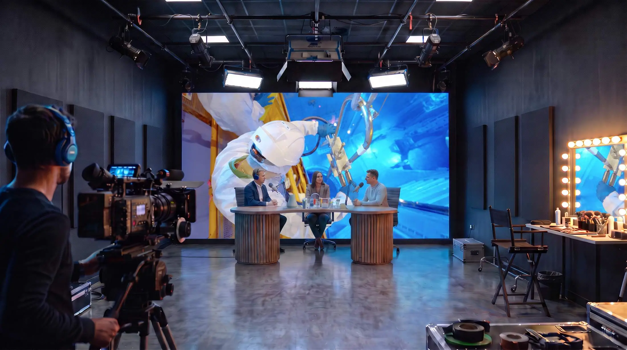 Projection d’un plateau d’interview à trois, table et micros devant le mur d’écrans diffusant une opération en zone contrôlée