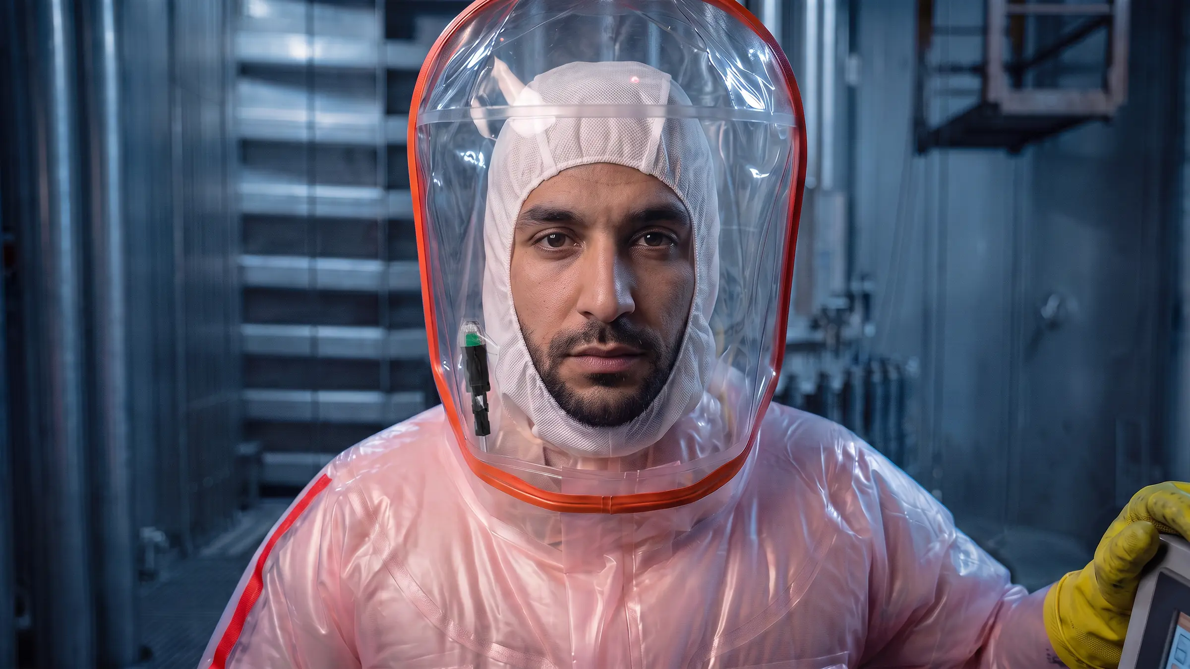 Intervenant en tenue étanche ventilée, cagoule transparente à armature orange et indicateur de pression, en environnement industriel